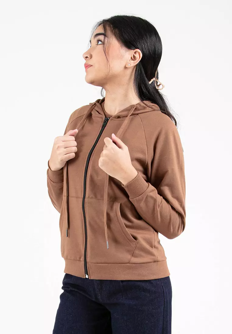 Forest Ladies Stretchable Sweatshirt Cotton Terry Hoodie Women Jacket | 830108-12LtBrown