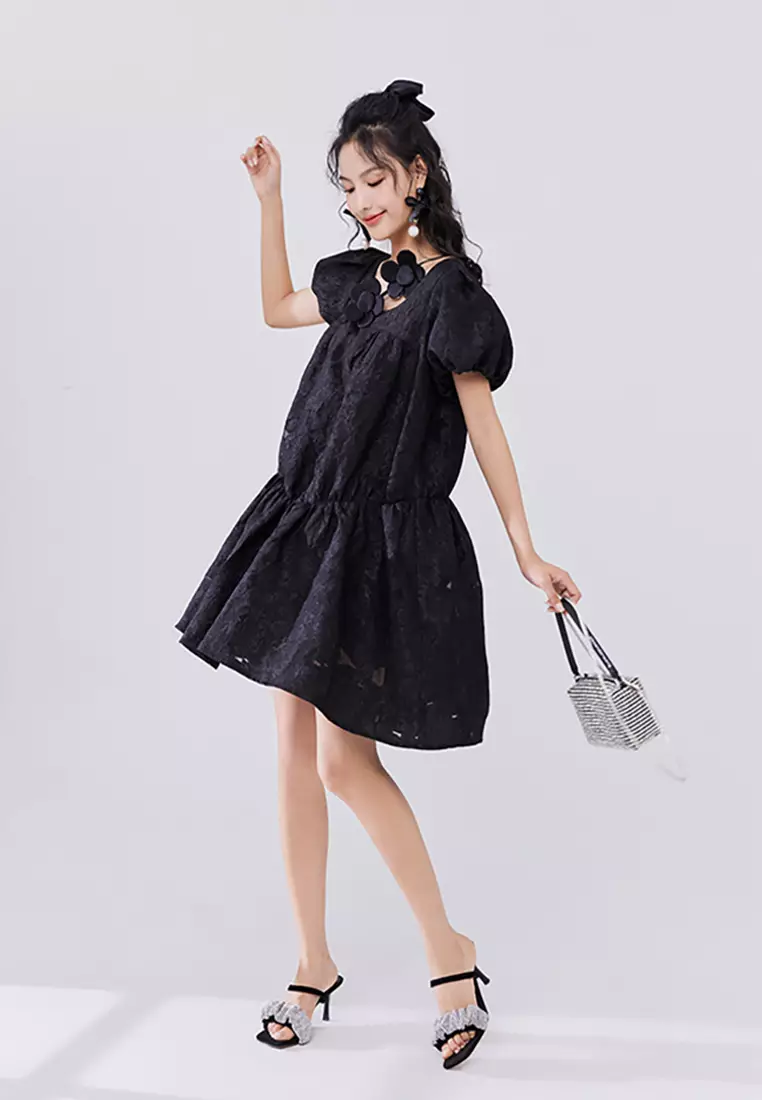 Textured Midi Dress with Flower