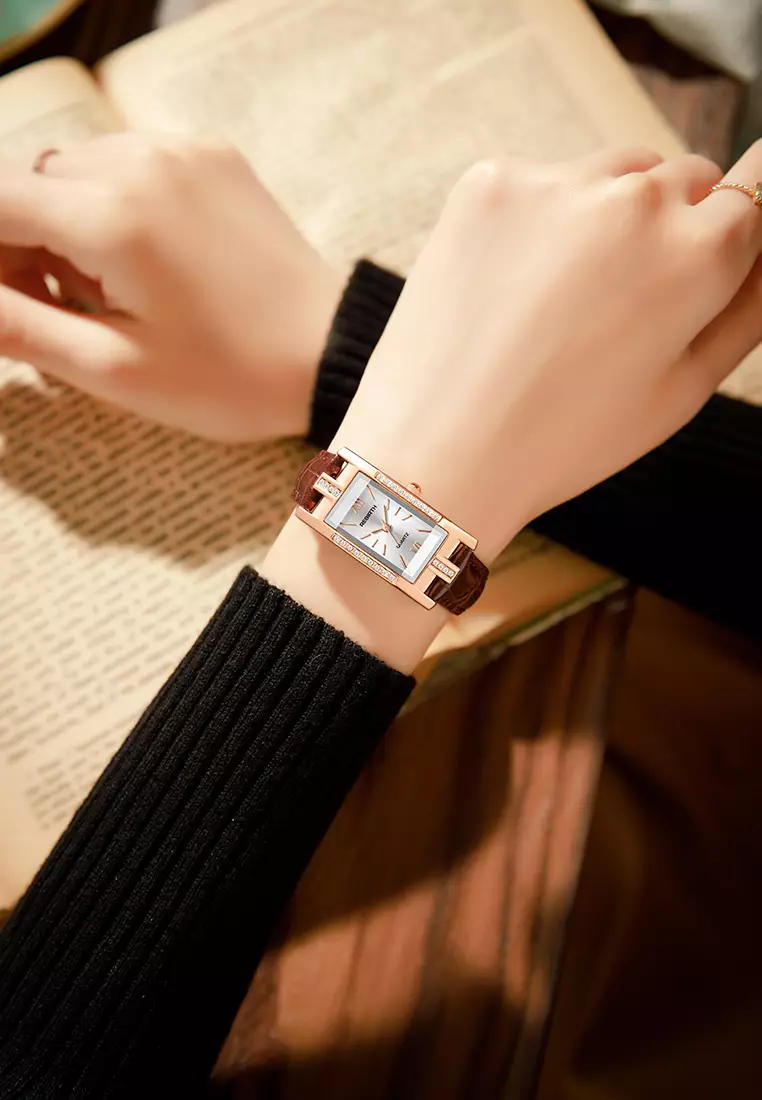 Jam Tangan Wanita Anggun Tali Kulit Berlian Jam Tangan Cewek cokelat