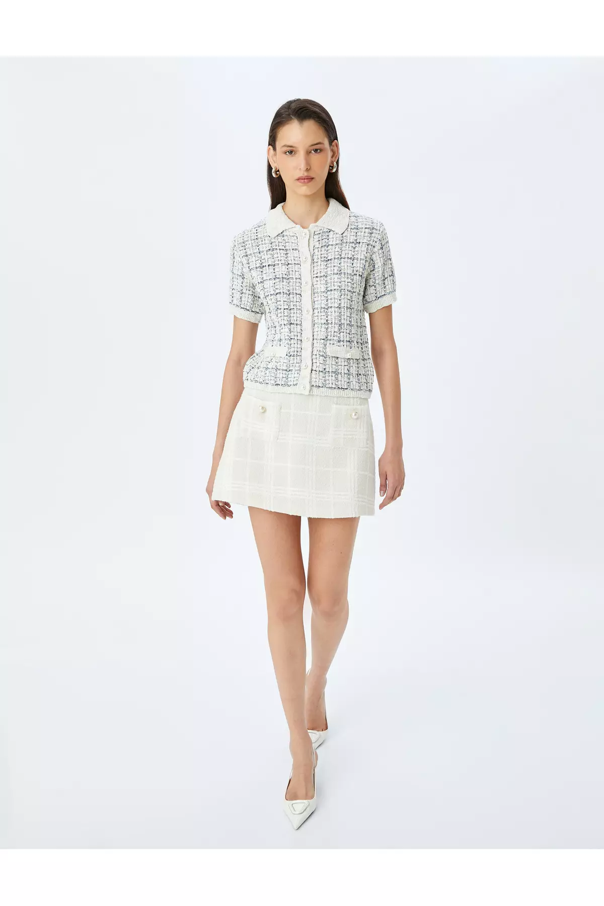 Short Sleeve Polo Neck Knitted Cardigan With Pearl Button Detail