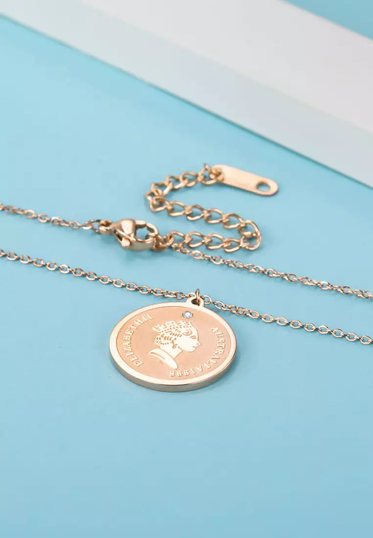 Queen E Medallion Necklace in Rose Gold Plated Titanium with Genuine 0.005ct Diamond