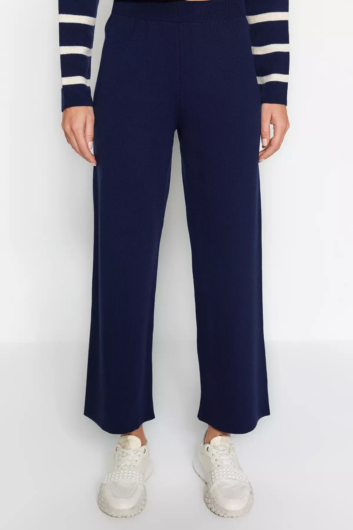 Navy Blue Striped Knitwear Trousers Bottom-Top Set TWOAW24AU00045