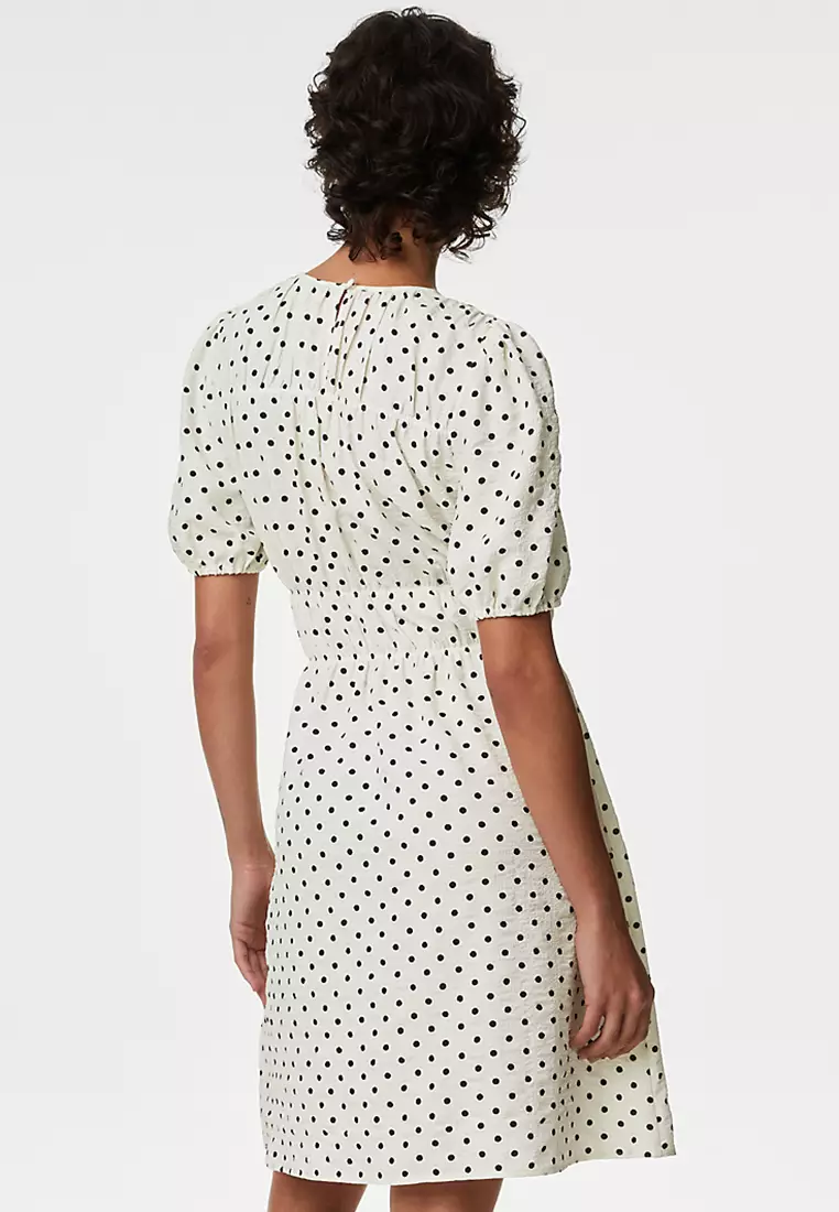 Polka Dot Textured Mini Smock Dress