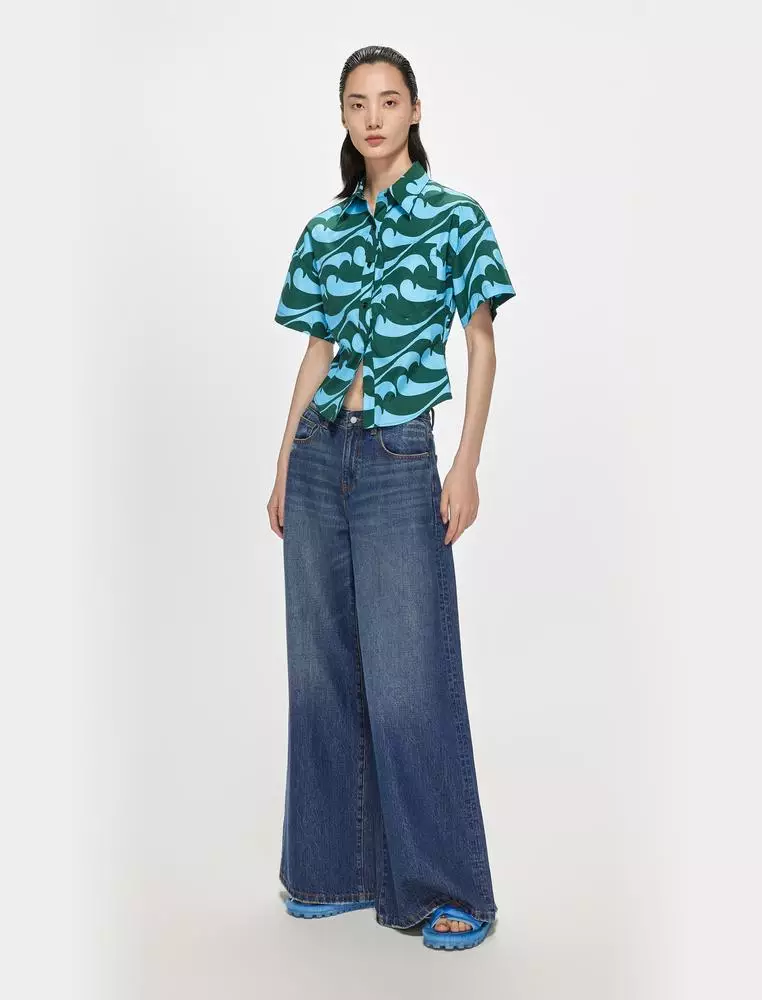 海浪印花通勤短袖襯衣