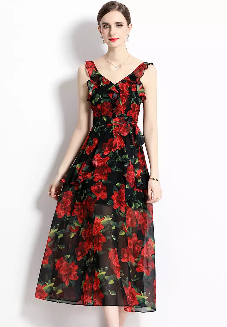 Red and black chiffon on sale dress