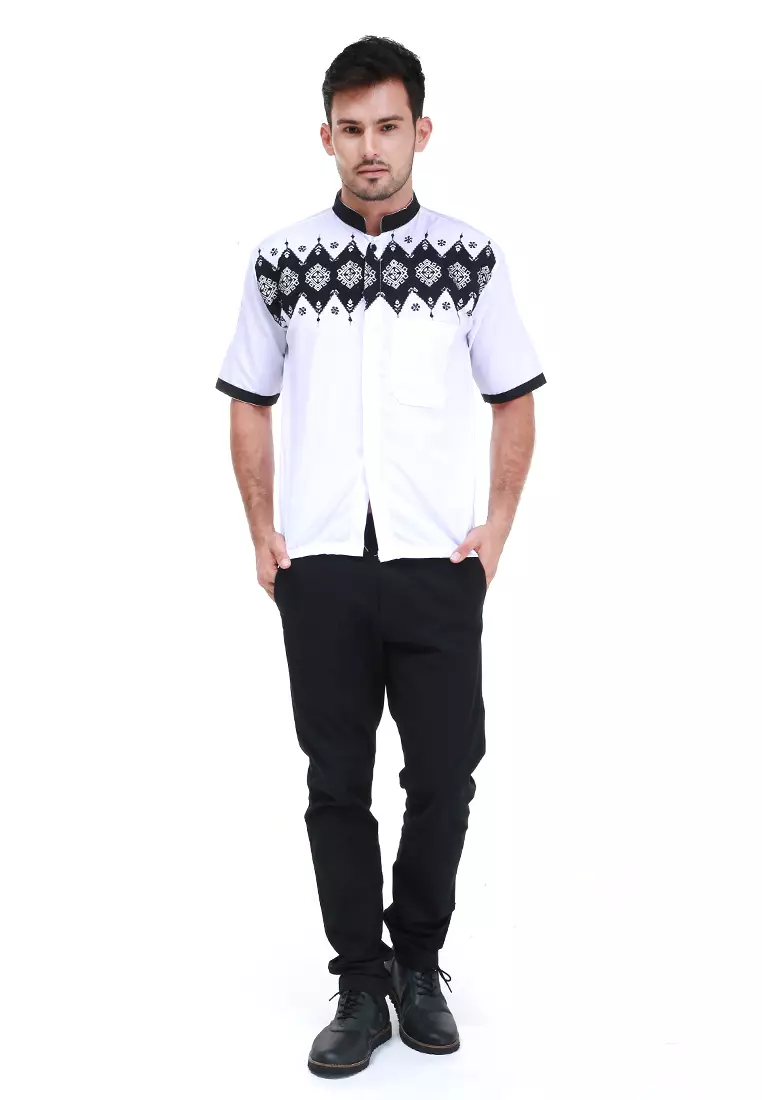 Dwan Kemeja Batik Pria Simple Atasan Formal Shortsleeve Shirt Material Cotton ORIGINAL - White