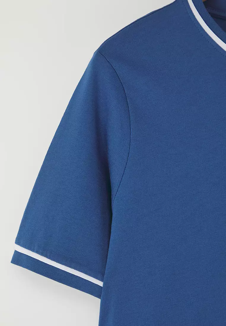 Indigo Crew Neck with Piping Detail Basic Plus Size T-shirt TBBSS25BF00050