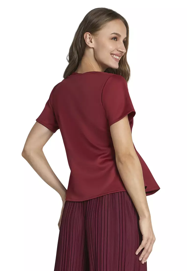 Callie Blouse Short Sleeve Motif Solid Atasan Wanita Casual - Maroon