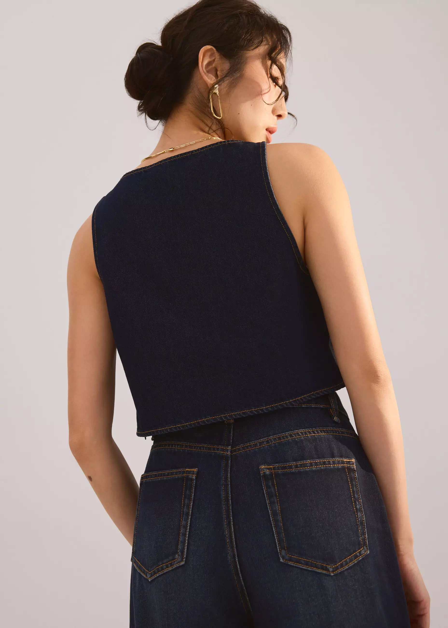 Atasan Wanita - Denim Rosette Boxy Crop Top