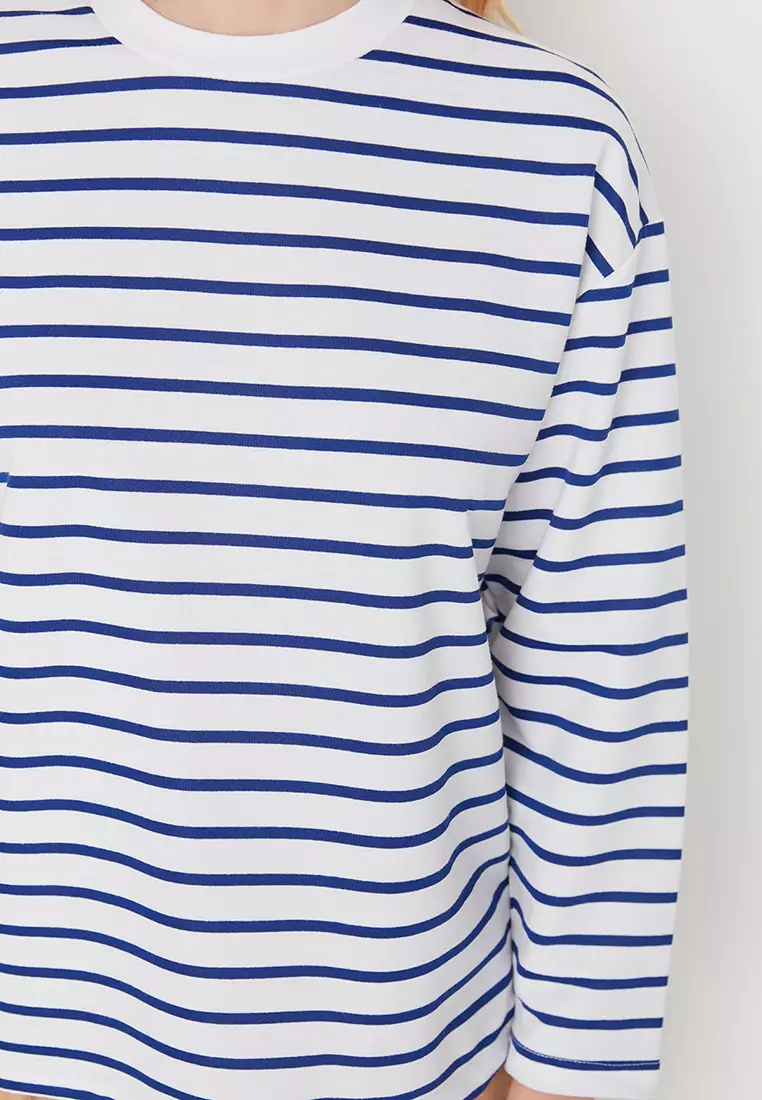 Striped Oversize/Wide-Fit Crew Neck Thin Knitted Sweatshirt