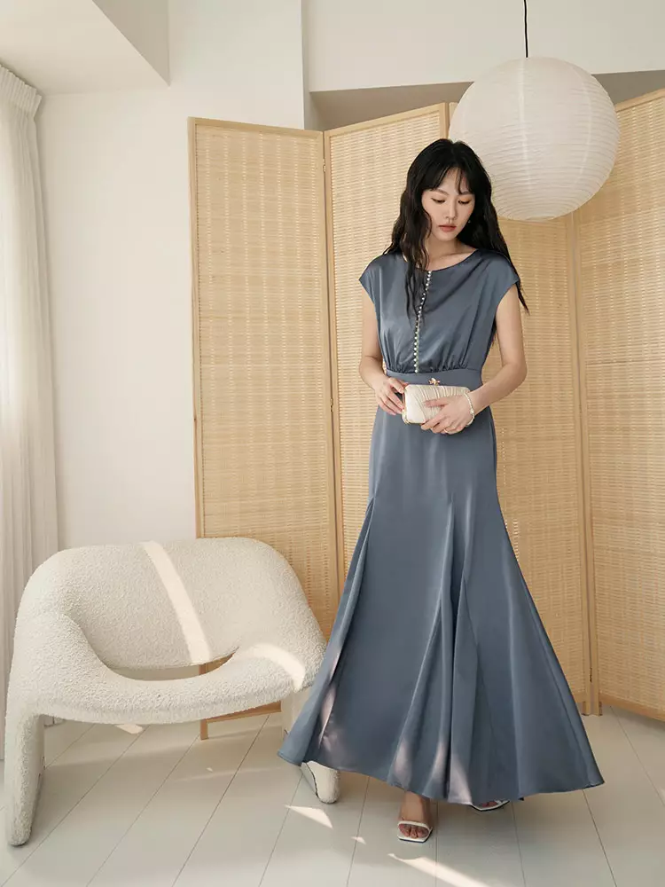 Pearl-Embellished Mermaid A-Line Satin Dress [DA10067]