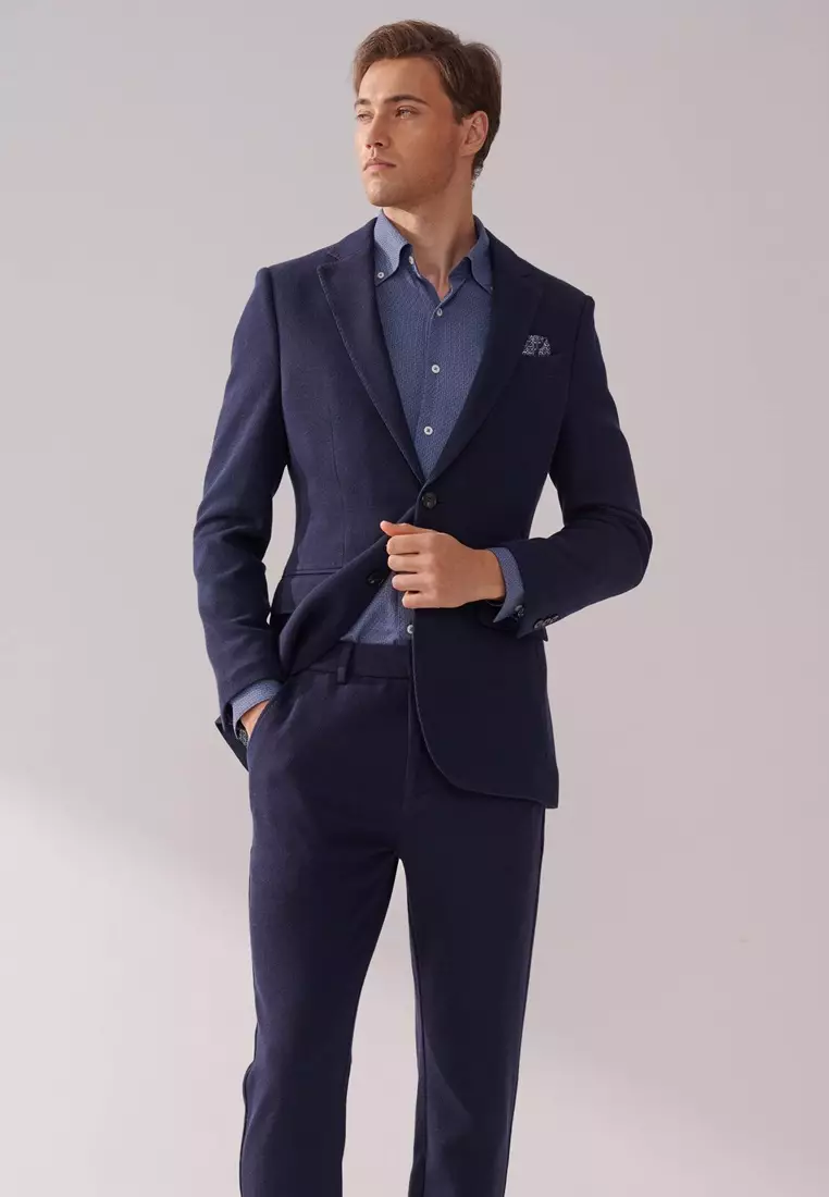 Navy Texture Slim Stretch Jersey Blazer