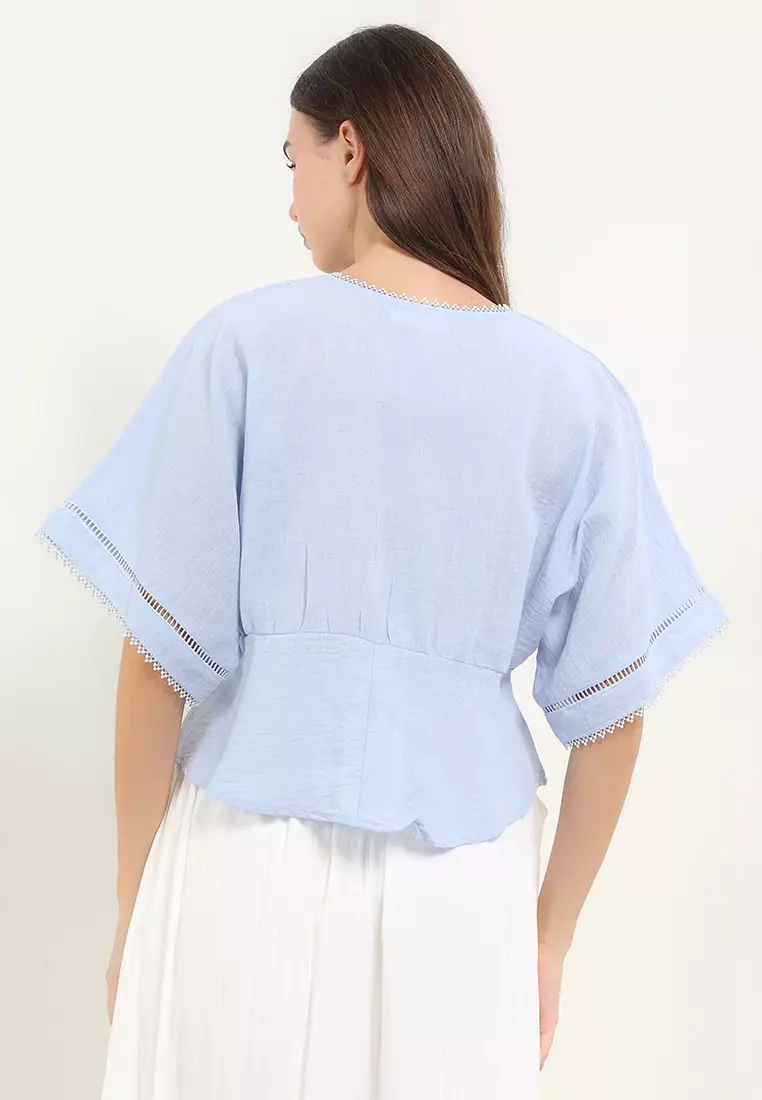 Lace Trimmed V Neck Dolman Sleeves Empire Blouse