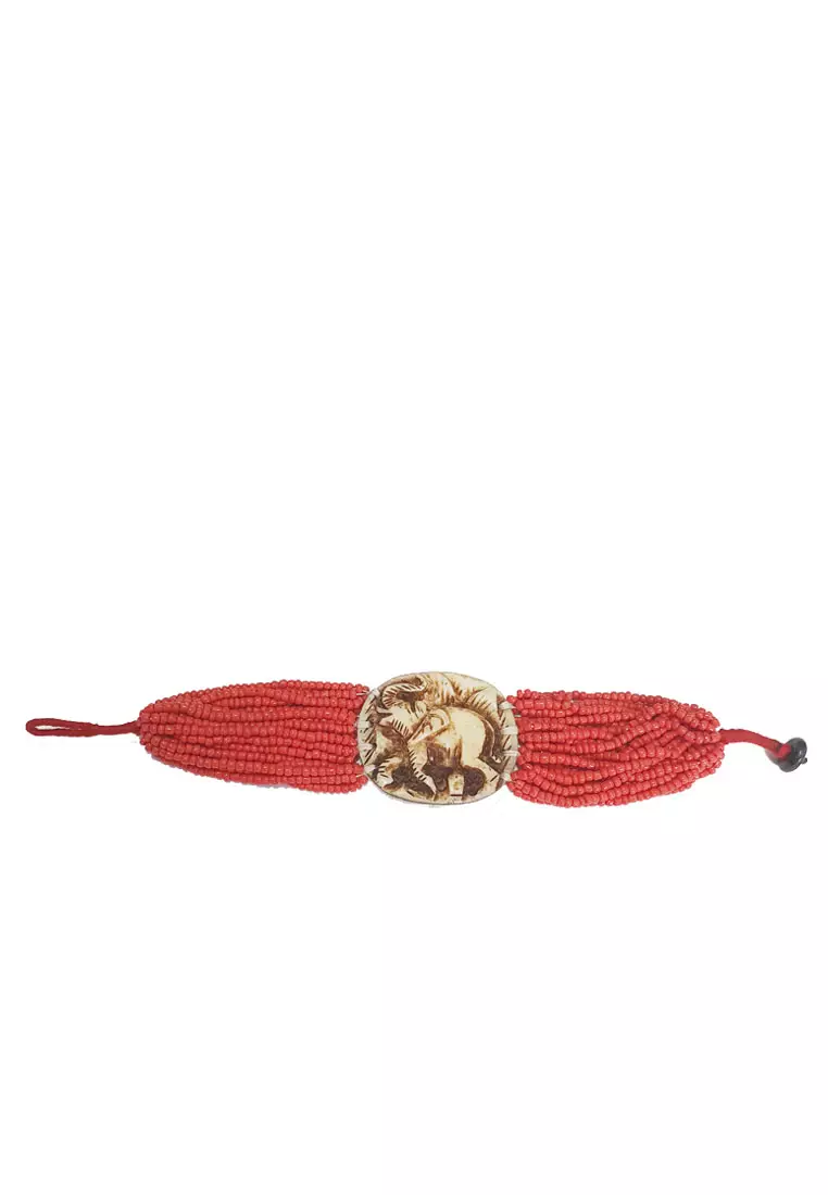 Encarved Elephant Beads Bracelet Red
