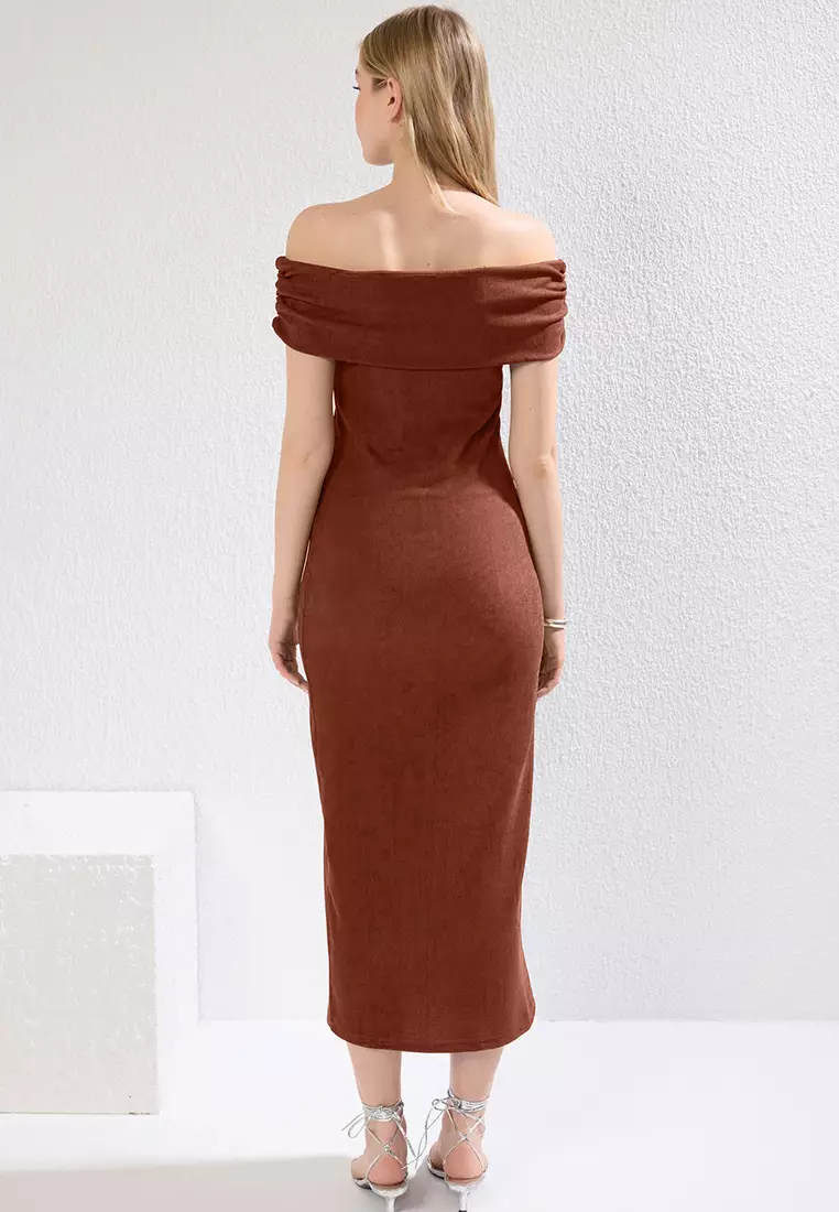 Off Shoulder Ruched Midi Dress