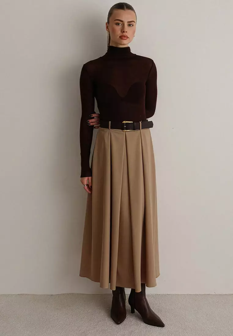 Beige Belted A-Line Flared Woven Maxi Long Skirt Twoaw26Et168