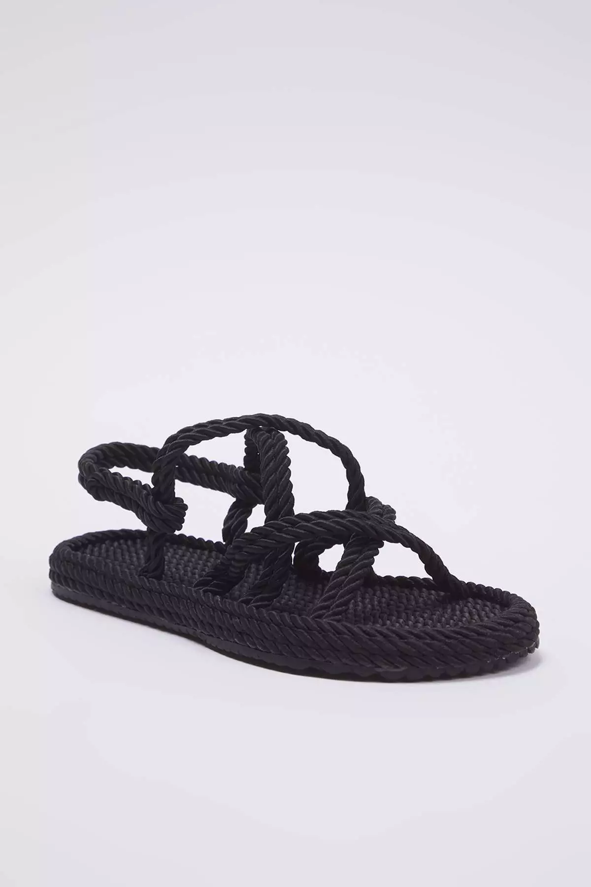 Black Cross Banded Rope Drawstring Women's Straw Sandals Takss25Sd00056