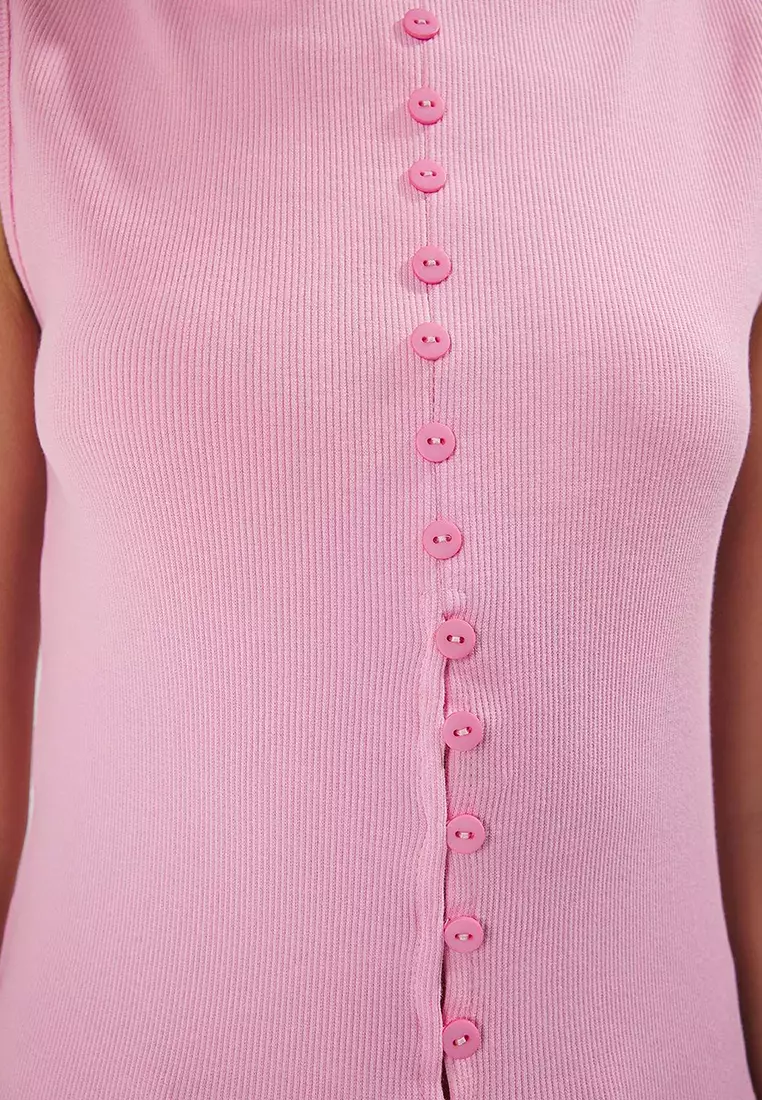 Pink Buttoned Fitted/Body-Smoothing Elastic Knitted Blouse TWOSS24BZ00306