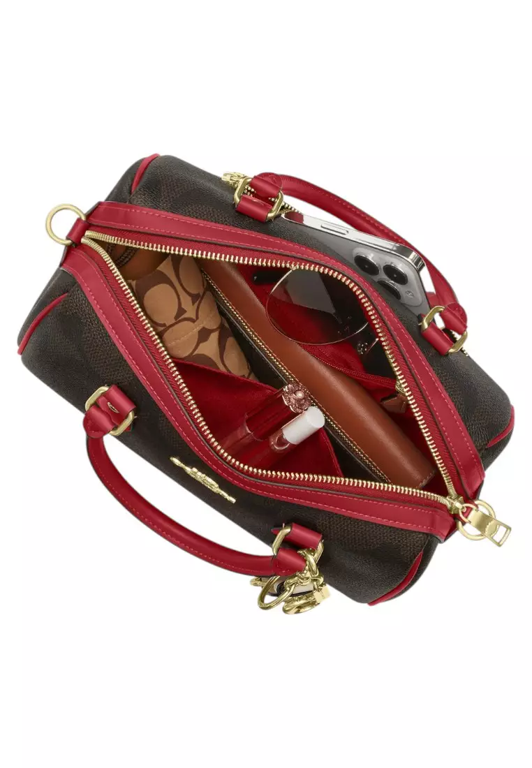 Rowan Satchel Bag In Signature Canvas - Walnut/True Red
