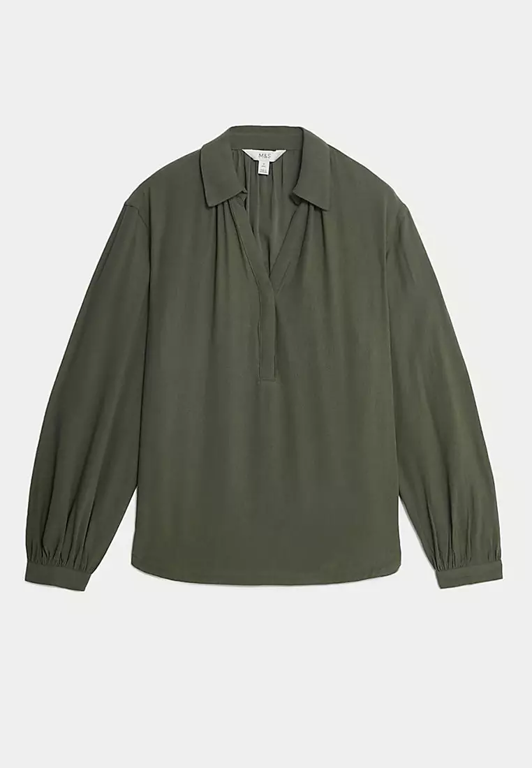 Lyocell Rich Collared V-Neck Popover Blouse