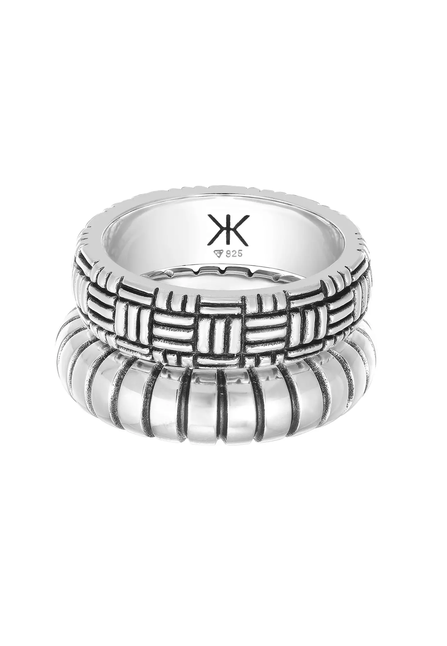 Men's Silver Weave and Ribbed Band Ring Set – Oxidised