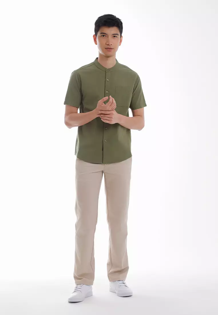 Forest Woven Mandarin Collar Short Sleeve Men Shirt | 621405-48Olive