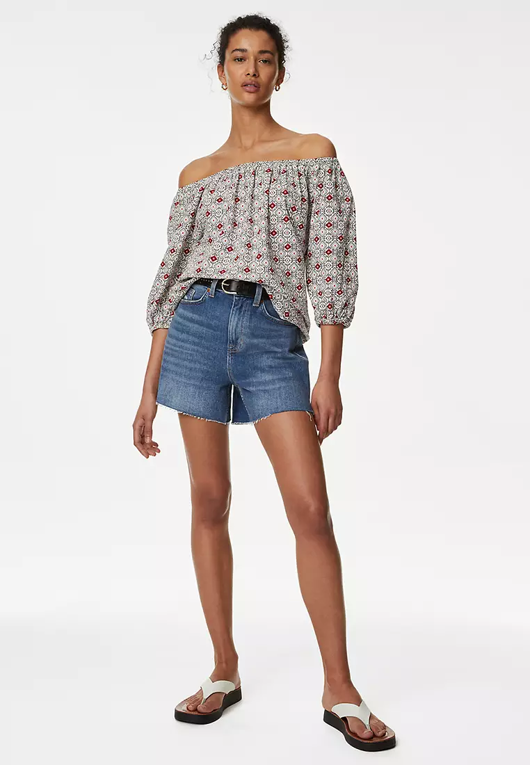 Linen Rich Printed Bardot Blouse