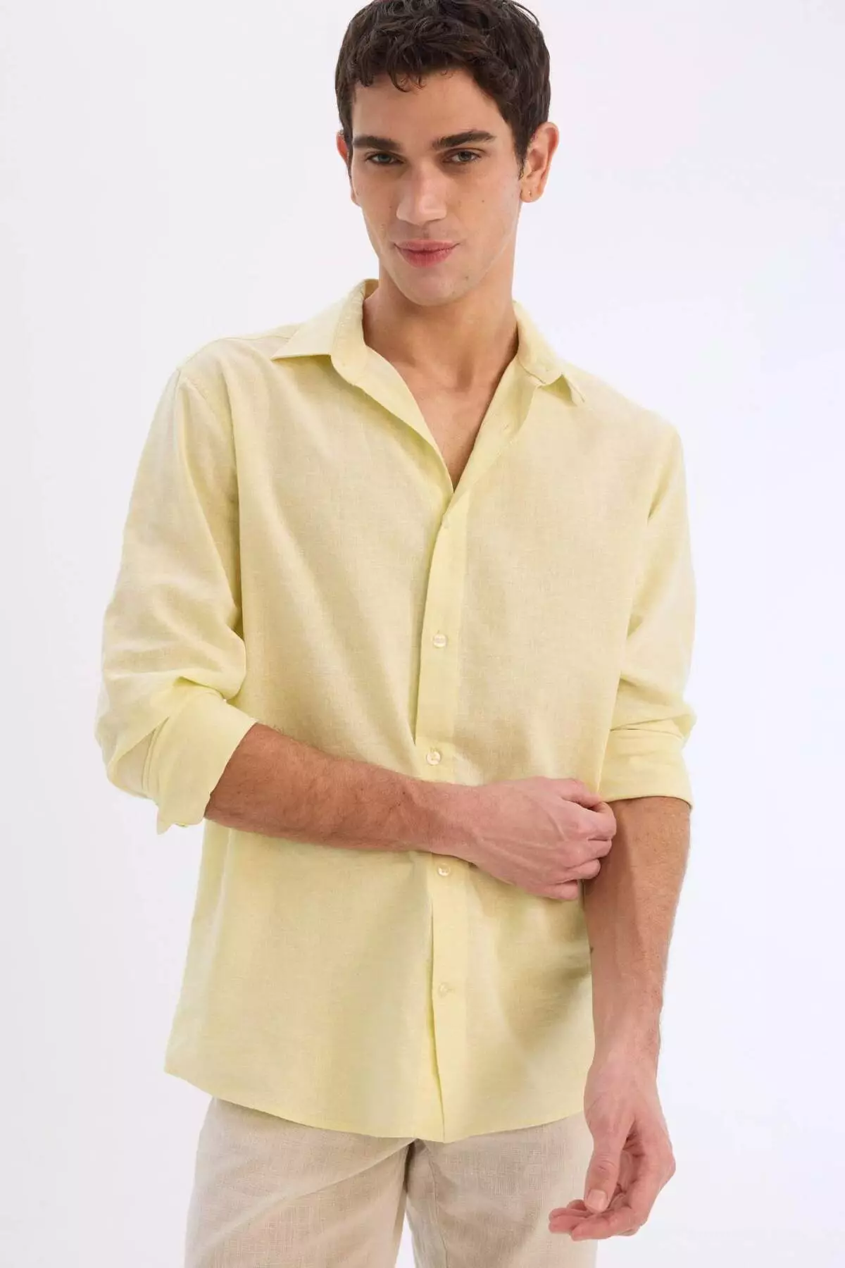 Regular Fit Polo Collar Linen Blended Summer Long Sleeve Shirt E0555Ax25Sm