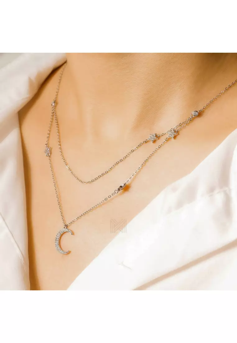 Match The Stars Moon and Stars Cubic Zirconia Rhodium Necklace with 925 Sterling Silver