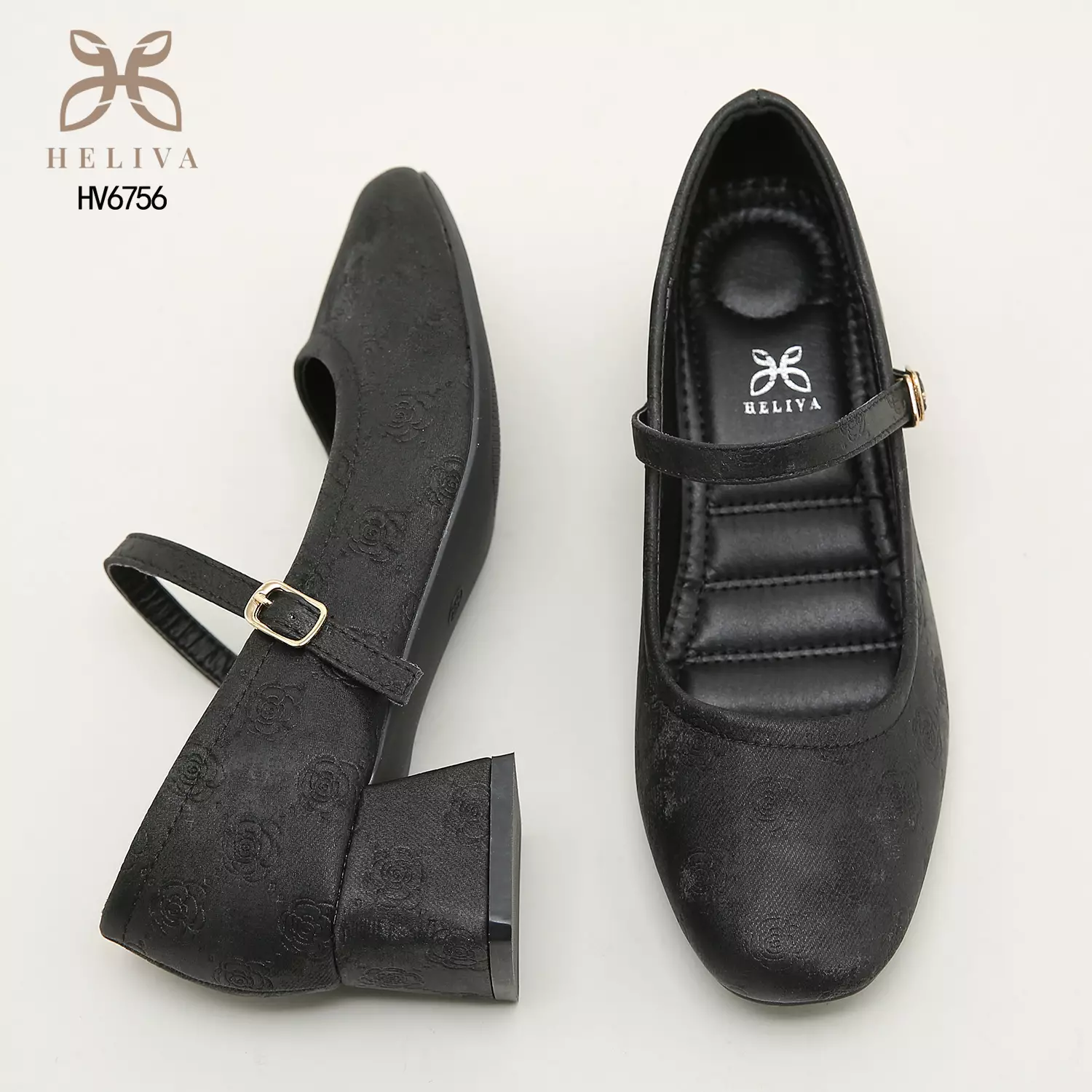 Heliva Kimmy Marry Jane Shoes Heels Chunky Embossed Flower Sol 5cm