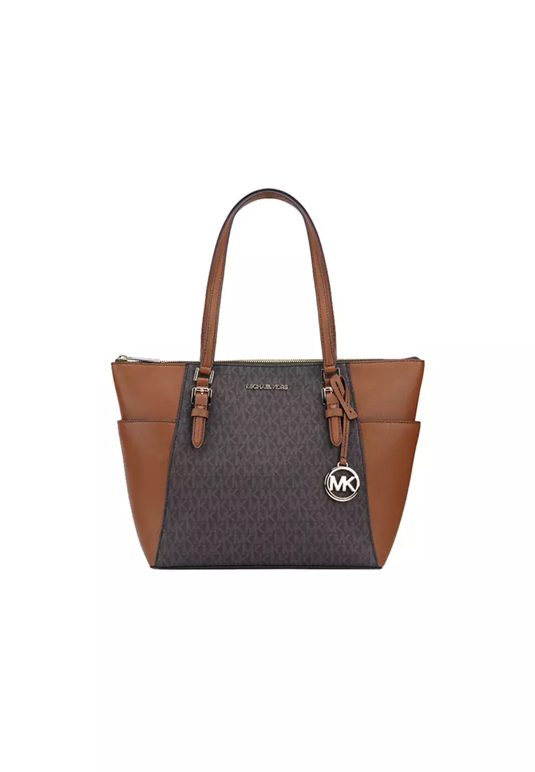 Charlotte Large Logo and Leather Top-Zip Tote Bag In Brown 35T0GCFT3B