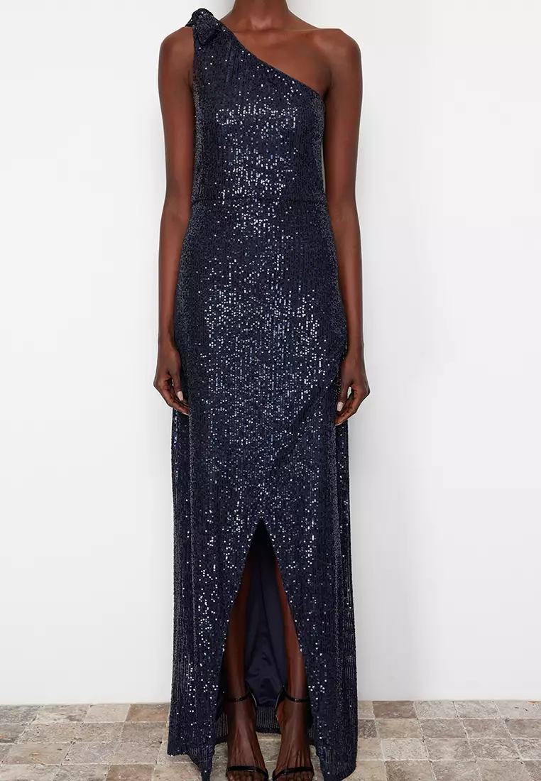 Single Sleeve Sequin Long Elegant Evening Dress