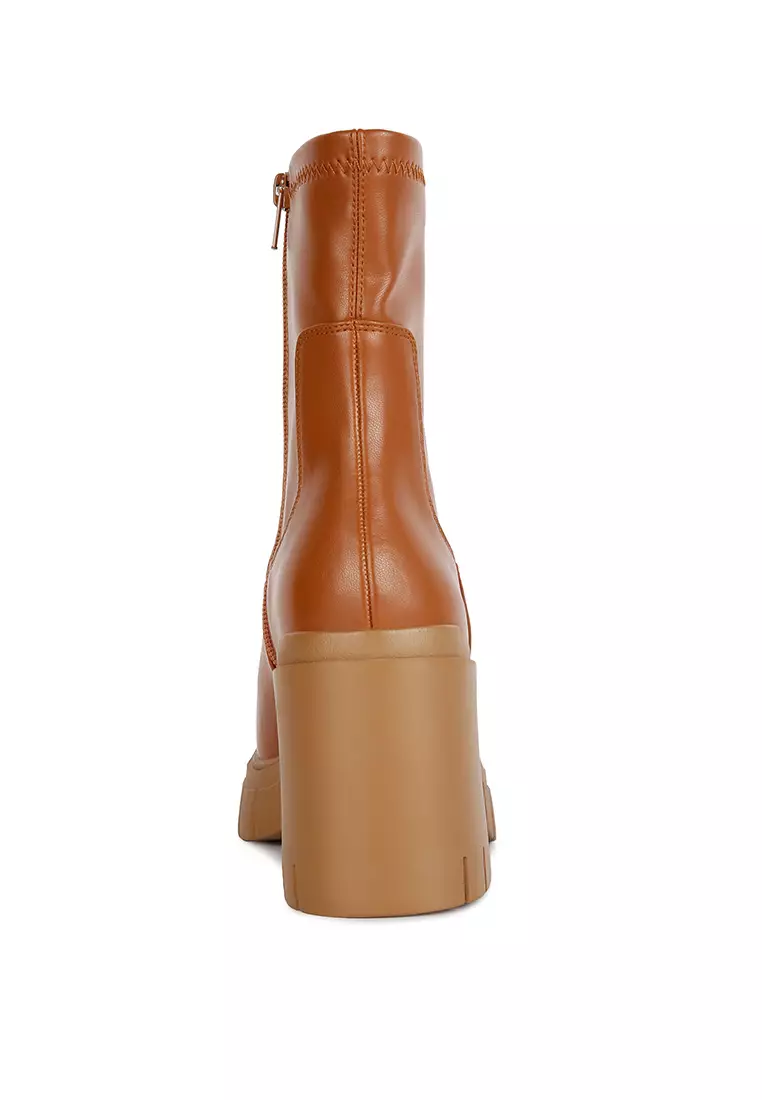 Tan Faux Leather Platform Heeled Ankle Boot