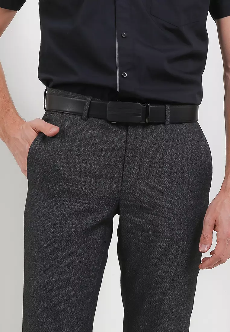 Stripe Plate Buckle Top Grain Leather Belt