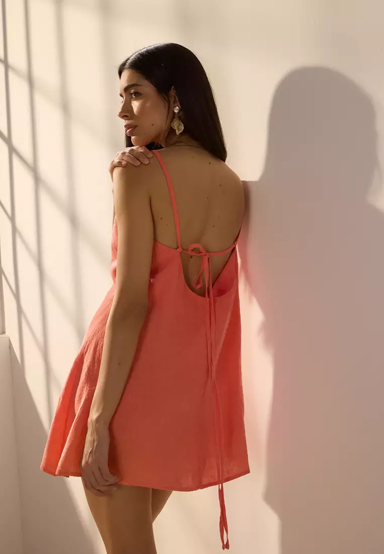 Coral Mini Weaving 100% Linen Beach Dress TBESS25EL00103