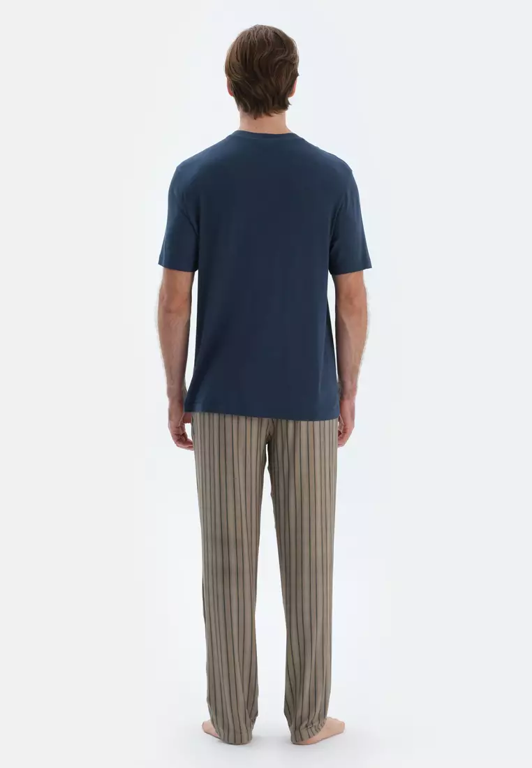 Navy T-Shirt & Trousers, Crew Neck, Regular, Long Leg, Short Sleeve Sleepwear for Men