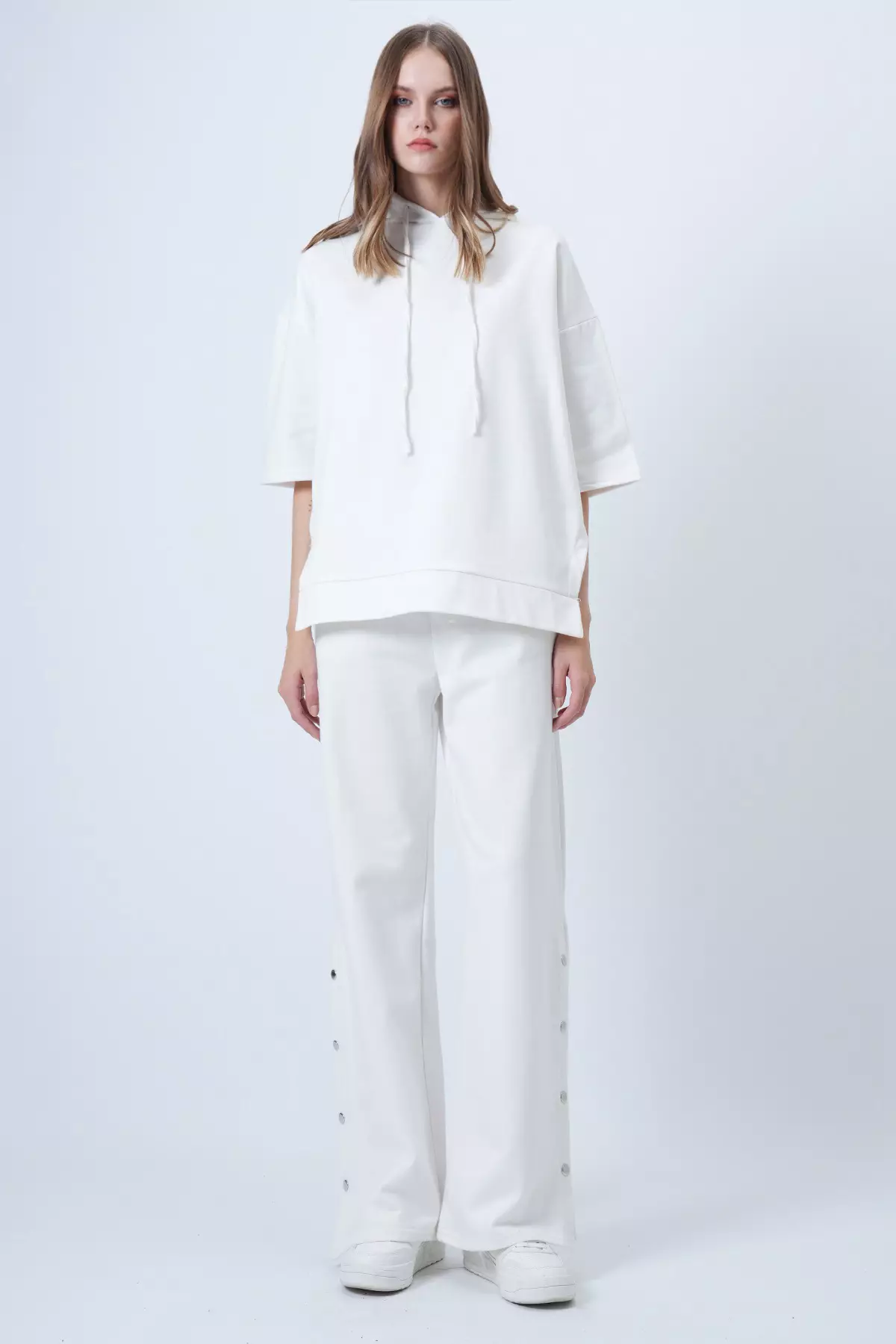 Women'S White Hooded Sweatshirt With Side Slits And Wide Leg Pants Set Alc-X14607