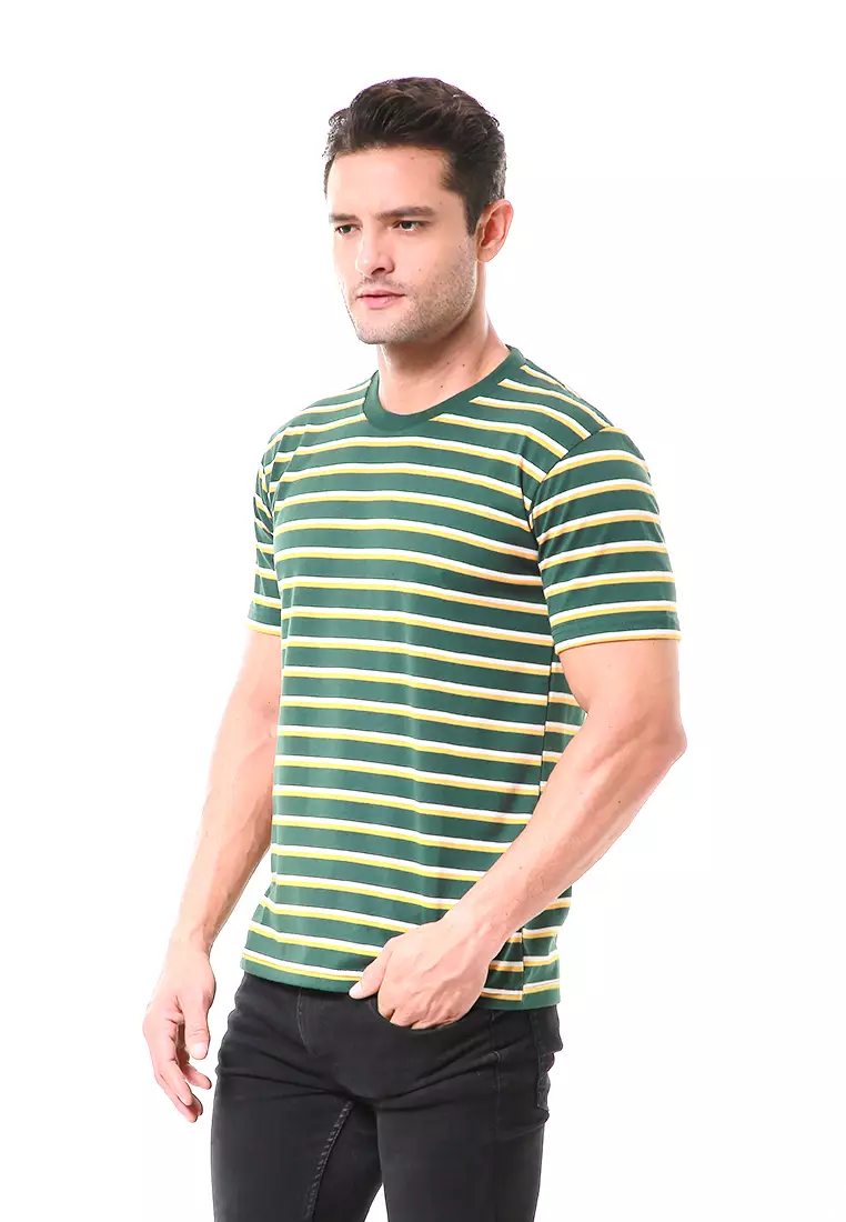 Aisley Kaos Pria Lengan Pendek Sweatshirt Kasual Stripe Motive Material Cotton ORIGINAL - Green