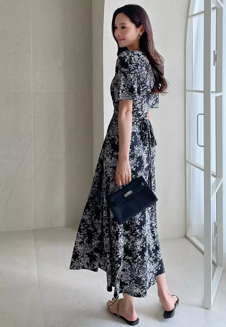 French style ink printed lace up dress CA25032714BK