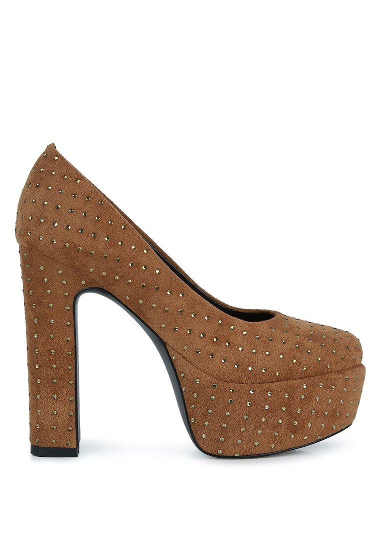 Tan Diamante Platform Heel Block Pumps