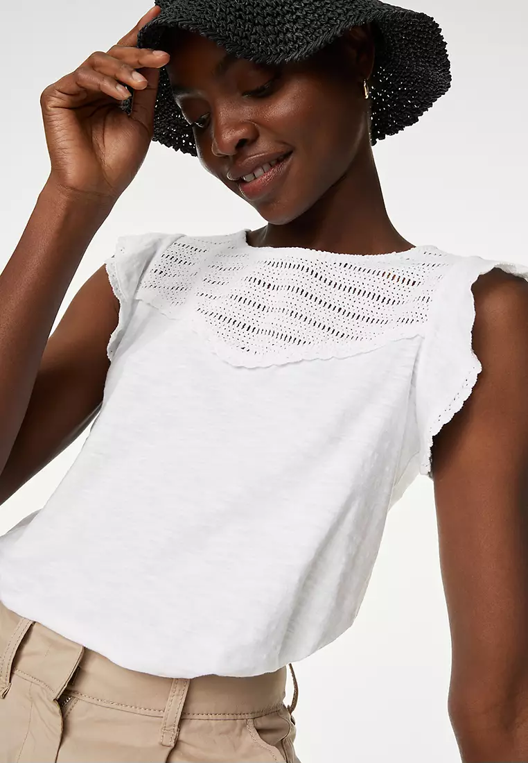 Pure Cotton Embroidered Frill Detail Top
