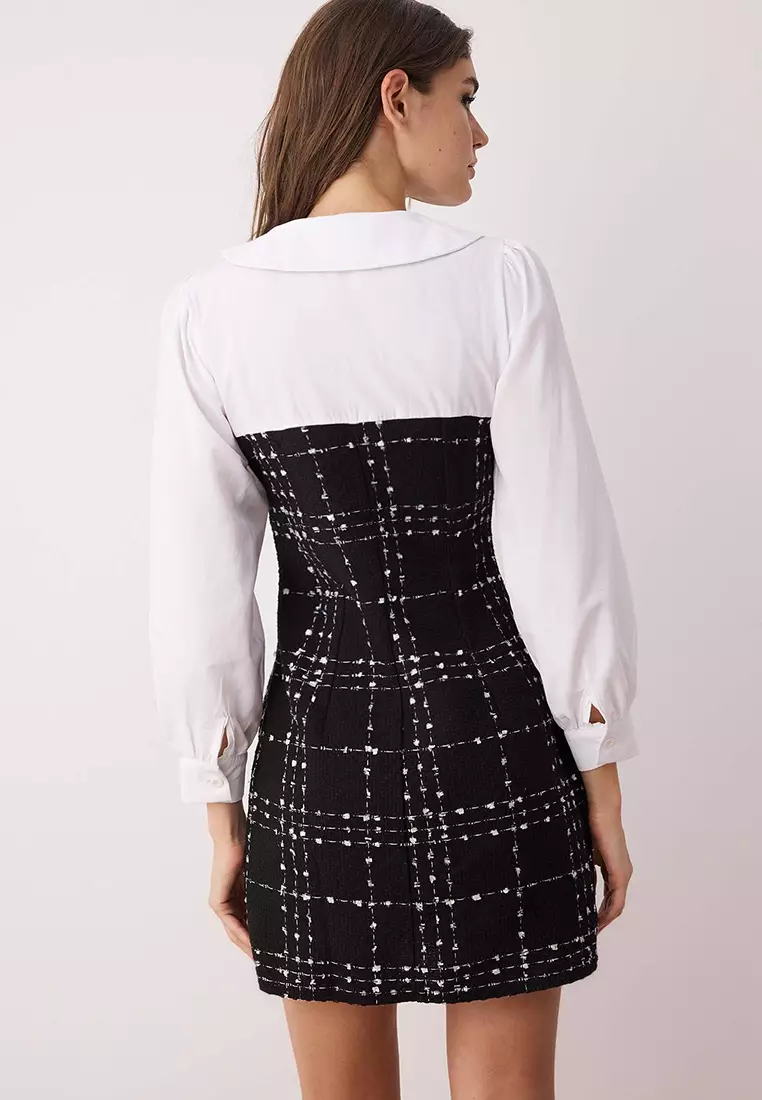 Black A-Line Shirt Collar Tweed Mini Woven Dress