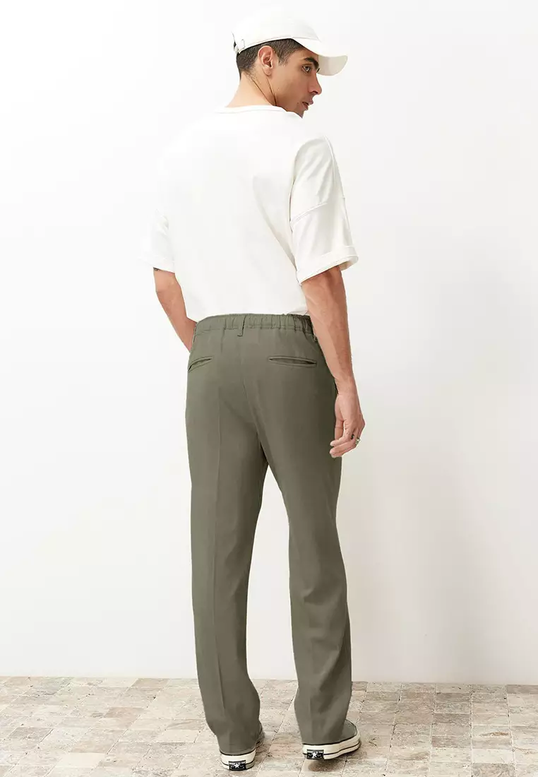 Khaki Pleated Classic Baggy Fit Fabric Trousers TMNSS24PL00024