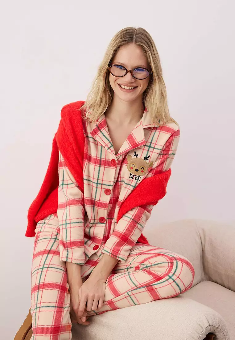 Embroidered Plaid Polar Winter Knitted Pajama Set