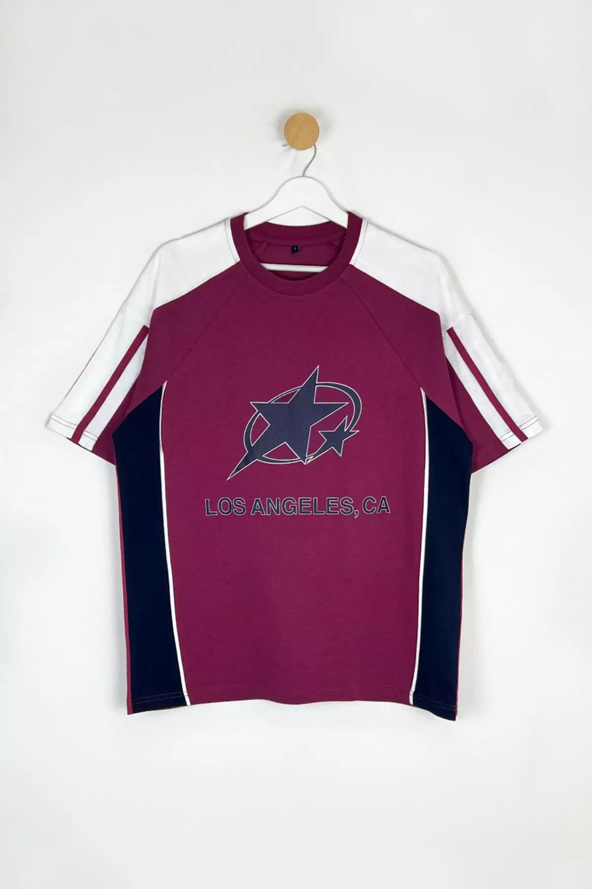 Claret Red College Oversize/Wide Cut 100% Cotton Color Block T-Shirt Tmnss25Ts00095