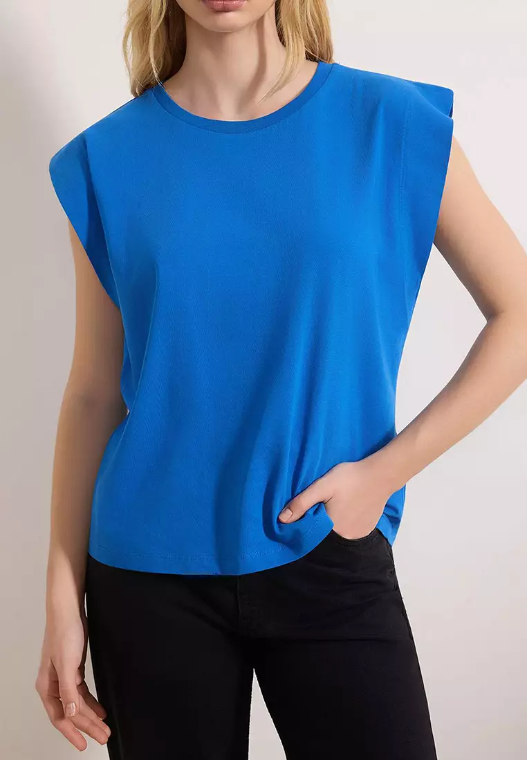 Cobalt 1% Cotton Shoulder Pad Look Basic Crew Neck Knitted T-Shirt Twoss2Ts21
