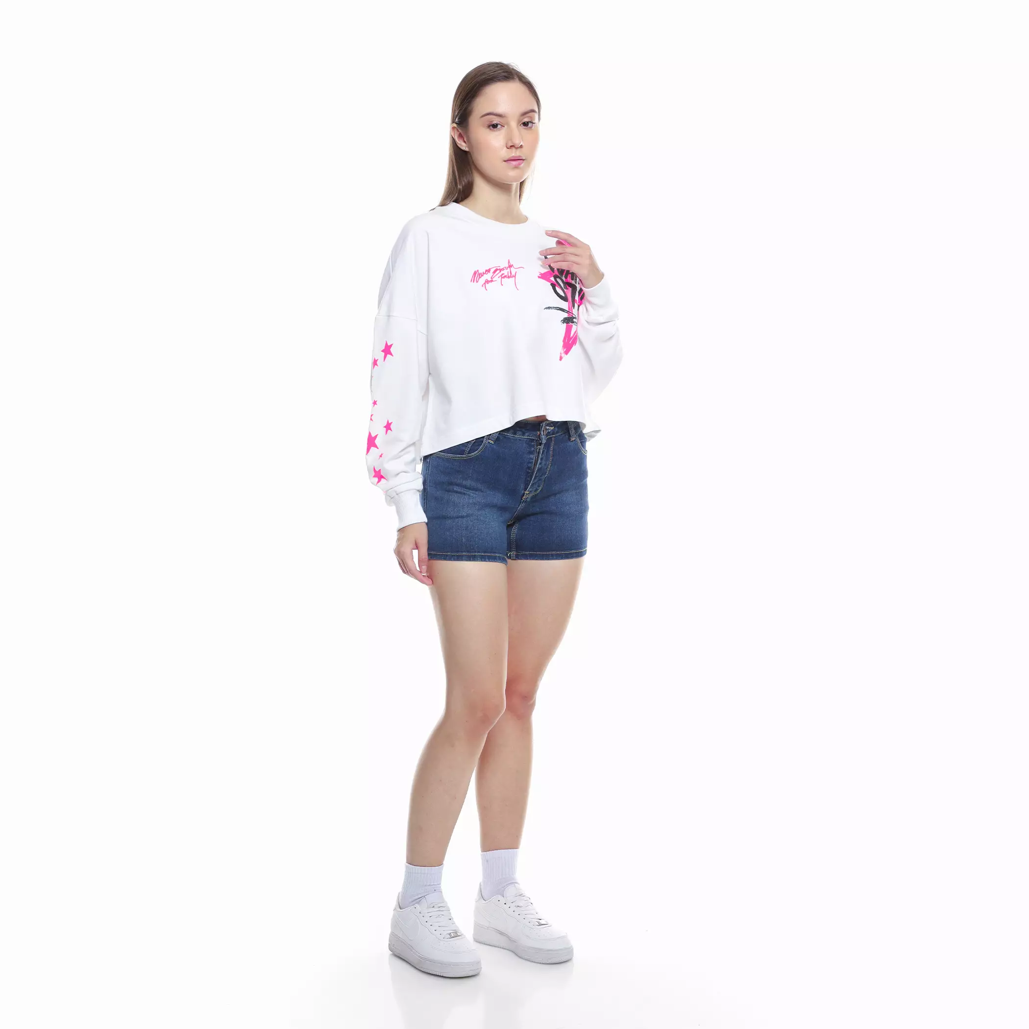 Enough For Today - Sweater Crewneck Crop Oversize Wanita Putih WalkingStar