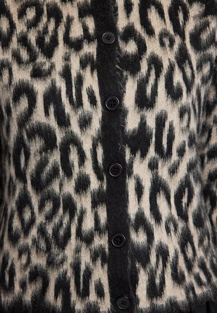 Brown Leopard Patterned Knitted Cardigan TWOAW25HI00378