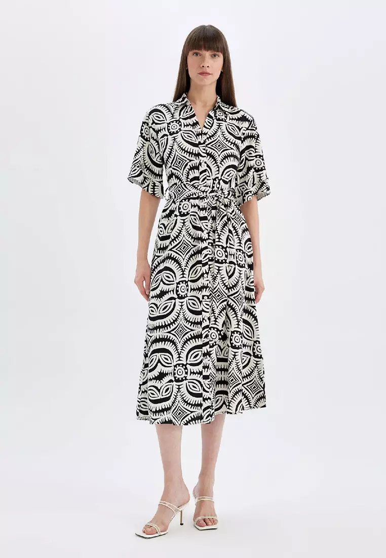 Shirt Collar Patterned Linen Blend Half Sleeve Midi Dress