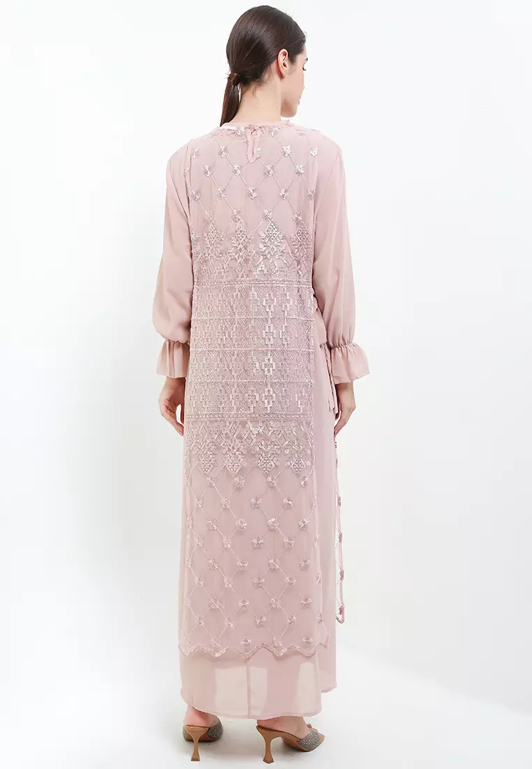 Ruffles Neck Chiffon Long Dress W/ Sequin Outer